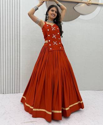 dark orange cotton silk handmade traditional lehenga choli with free size upto 44 1