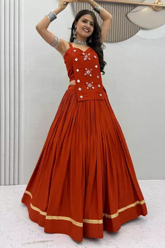 dark orange cotton silk handmade traditional lehenga choli with free size upto 44
