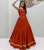 dark orange cotton silk handmade traditional lehenga choli with free size upto 44