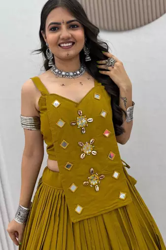 olive cotton silk handmade traditional lehenga choli with free size upto 44