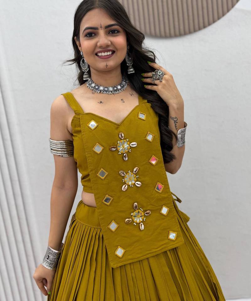 olive cotton silk handmade traditional lehenga choli with free size upto 44