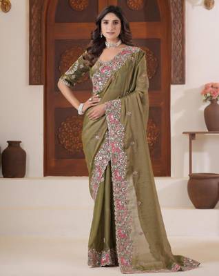 Celebrity inspired mustard olive embroidered elephant shimmer saree with unstitched blouse 1