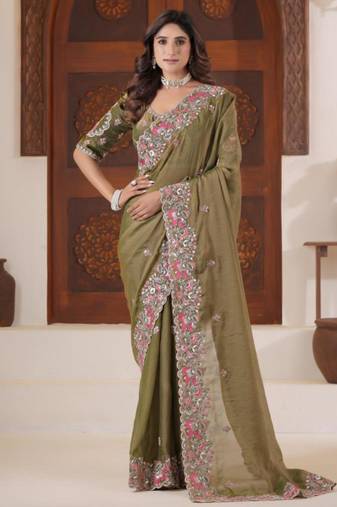 Celebrity inspired mustard olive embroidered elephant shimmer saree with unstitched blouse