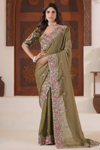 Celebrity inspired mustard olive embroidered elephant shimmer saree with unstitched blouse