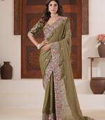 Celebrity inspired mustard olive embroidered elephant shimmer saree with unstitched blouse