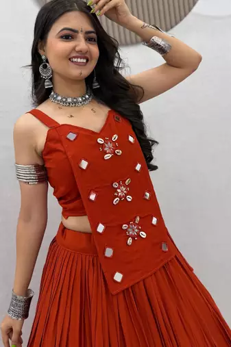 dark orange cotton silk handmade traditional lehenga choli with free size upto 44