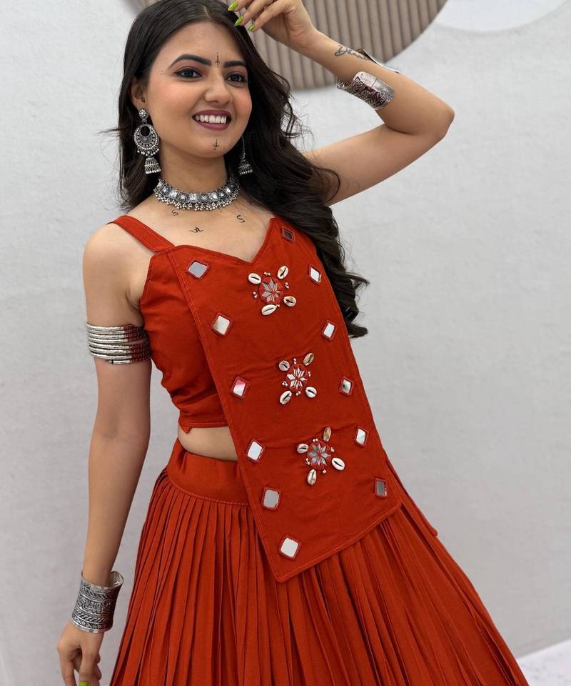dark orange cotton silk handmade traditional lehenga choli with free size upto 44