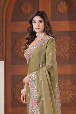 Celebrity inspired mustard olive embroidered elephant shimmer saree with unstitched blouse 2