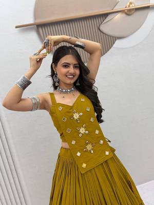 olive cotton silk handmade traditional lehenga choli with free size upto 44 4