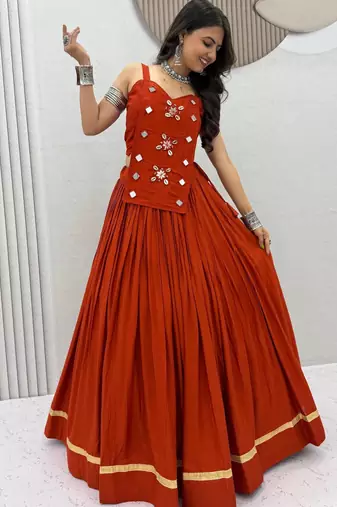 dark orange cotton silk handmade traditional lehenga choli with free size upto 44