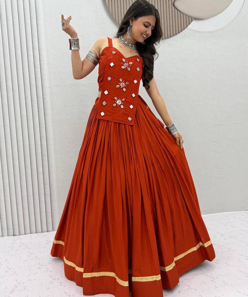 dark orange cotton silk handmade traditional lehenga choli with free size upto 44