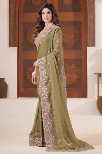 Celebrity inspired mustard olive embroidered elephant shimmer saree with unstitched blouse