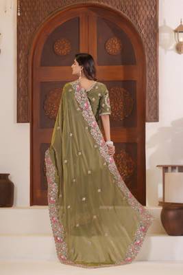 Celebrity inspired mustard olive embroidered elephant shimmer saree with unstitched blouse 4