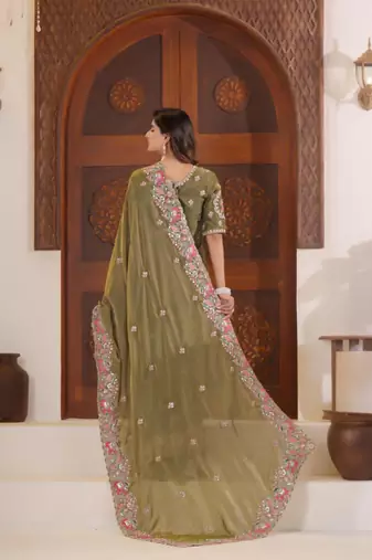 Celebrity inspired mustard olive embroidered elephant shimmer saree with unstitched blouse