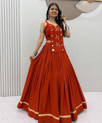 dark orange cotton silk handmade traditional lehenga choli with free size upto 44 4