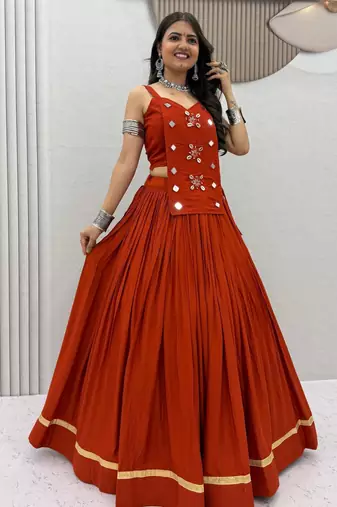 dark orange cotton silk handmade traditional lehenga choli with free size upto 44