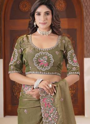 Celebrity inspired mustard olive embroidered elephant shimmer saree with unstitched blouse 5