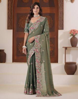Bollywood olive green embroidered elephant shimmer saree with unstitched blouse 1
