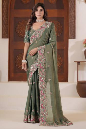 Bollywood olive green embroidered elephant shimmer saree with unstitched blouse