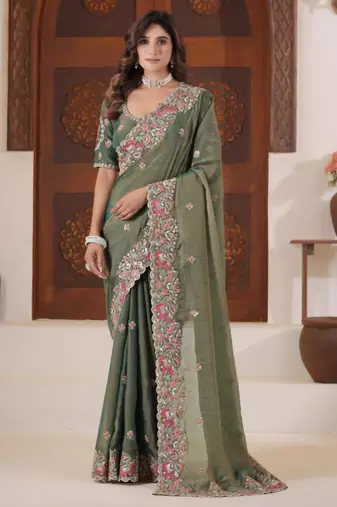 Bollywood olive green embroidered elephant shimmer saree with unstitched blouse