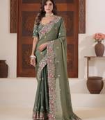 Bollywood olive green embroidered elephant shimmer saree with unstitched blouse