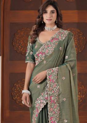 Bollywood olive green embroidered elephant shimmer saree with unstitched blouse 2