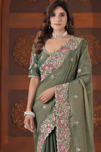 Bollywood olive green embroidered elephant shimmer saree with unstitched blouse