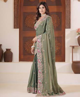 Bollywood olive green embroidered elephant shimmer saree with unstitched blouse 3