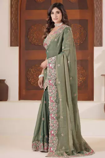 Bollywood olive green embroidered elephant shimmer saree with unstitched blouse