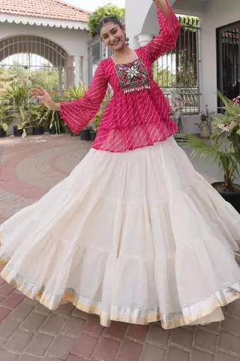 white cotton silk plain traditional lehenga choli with free size upto 44