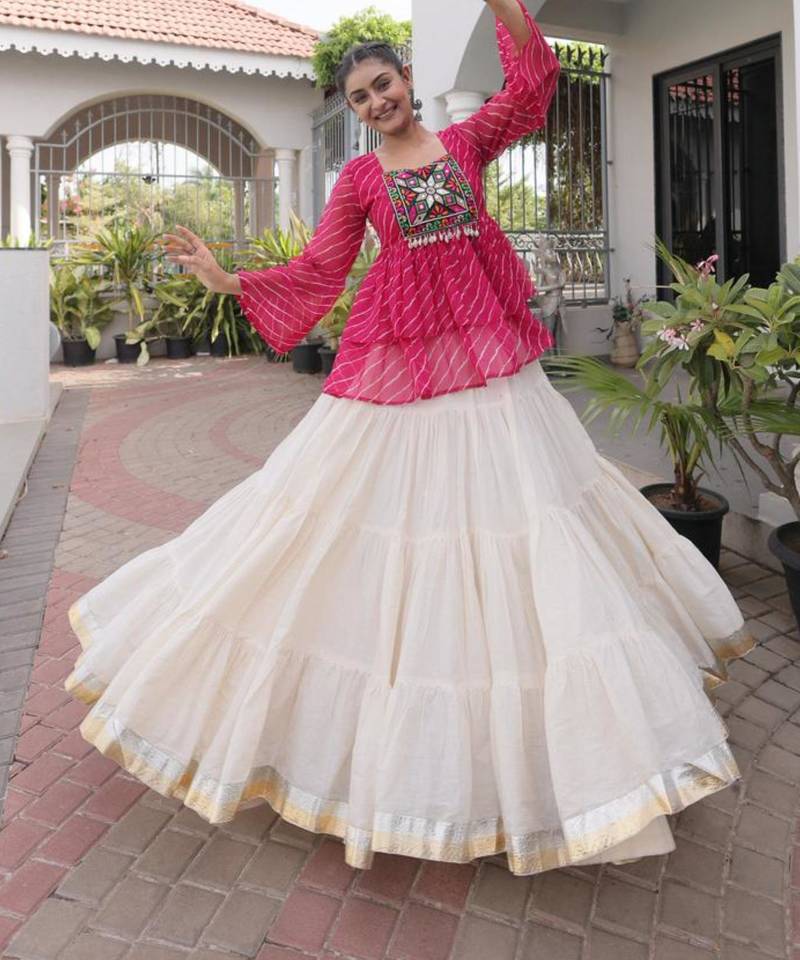 white cotton silk plain traditional lehenga choli with free size upto 44