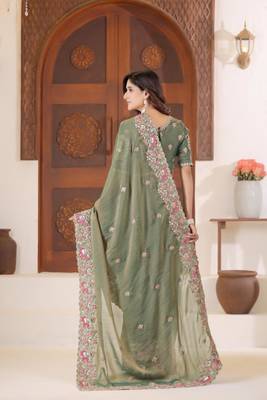 Bollywood olive green embroidered elephant shimmer saree with unstitched blouse 4