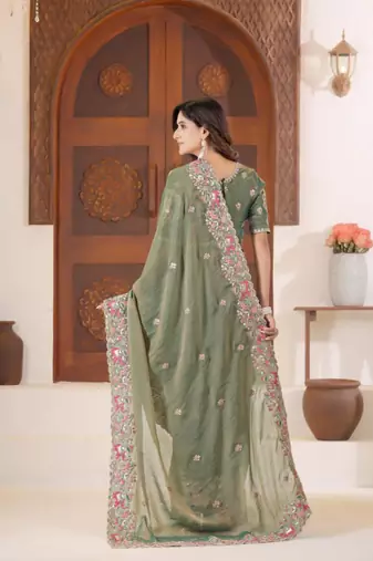 Bollywood olive green embroidered elephant shimmer saree with unstitched blouse