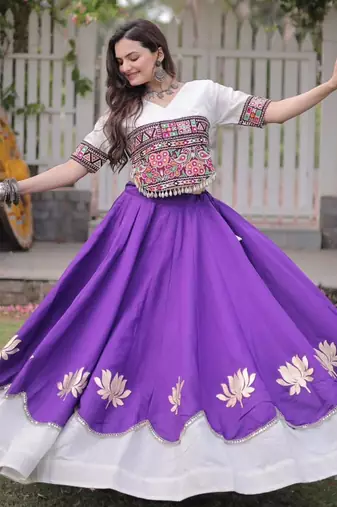 purple silk blend embroidered traditional lehenga choli with free size upto 44