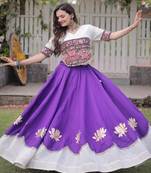 purple silk blend embroidered traditional lehenga choli with free size upto 44