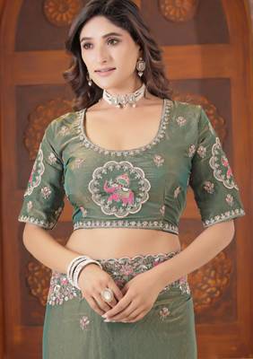 Bollywood olive green embroidered elephant shimmer saree with unstitched blouse 5