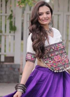 purple silk blend embroidered traditional lehenga choli with free size upto 44 3