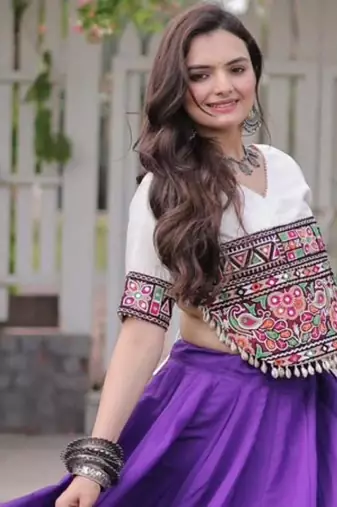purple silk blend embroidered traditional lehenga choli with free size upto 44