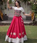 pink silk blend embroidered traditional lehenga choli with free size upto 44