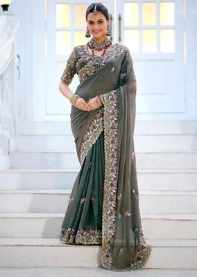 Kanjivaram olive gray embroidered floral border moss shimmer saree with unstitched blouse 1