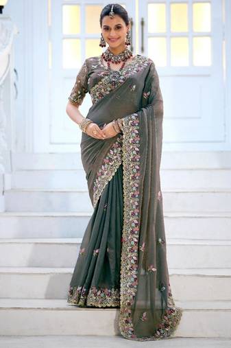 Kanjivaram olive gray embroidered floral border moss shimmer saree with unstitched blouse