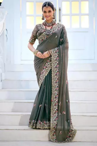 Kanjivaram olive gray embroidered floral border moss shimmer saree with unstitched blouse