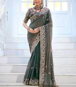 Kanjivaram olive gray embroidered floral border moss shimmer saree with unstitched blouse
