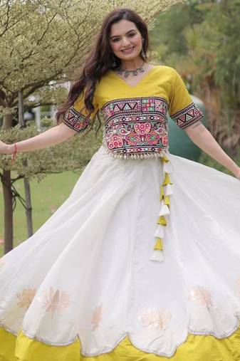 white silk blend embroidered traditional lehenga choli with free size upto 44