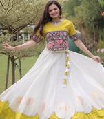 white silk blend embroidered traditional lehenga choli with free size upto 44
