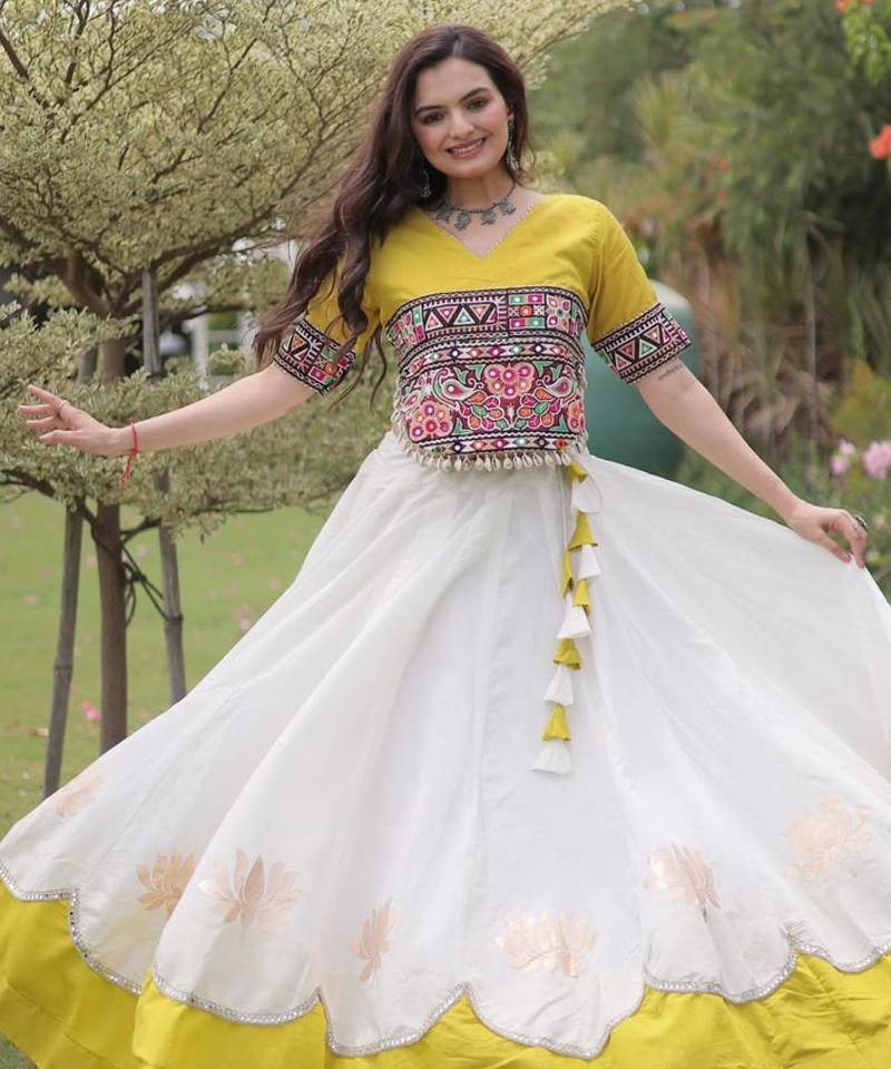 white silk blend embroidered traditional lehenga choli with free size upto 44