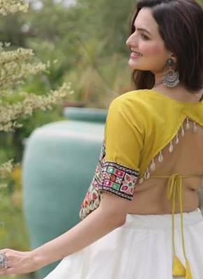 white silk blend embroidered traditional lehenga choli with free size upto 44 2