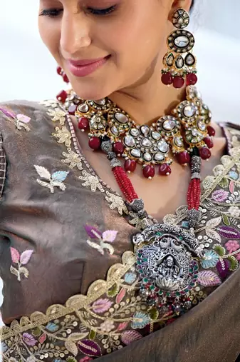 Kanjivaram olive gray embroidered floral border moss shimmer saree with unstitched blouse