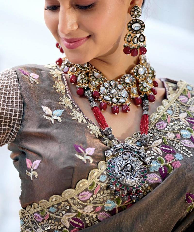 Kanjivaram olive gray embroidered floral border moss shimmer saree with unstitched blouse