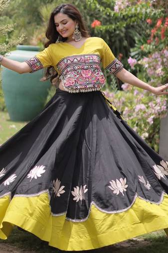 black silk blend embroidered traditional lehenga choli with free size upto 44